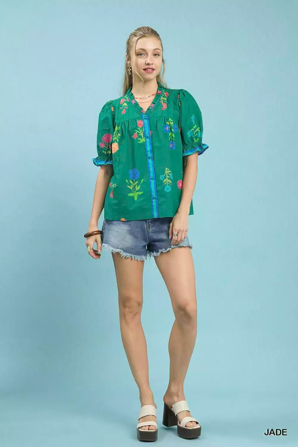 Umgee Jade Petal Parade Print Button-Down Blouse