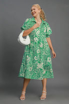 Umgee Green Floral and Paisley Printed Smocked Cuff Puff Sleeve Midi Dress