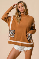 BiBi Camel Mock Neck Sweater with Leopard Pocket