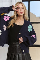 ADORA Navy Flower Button Down Lantern Sleeve Cardigan Shirts