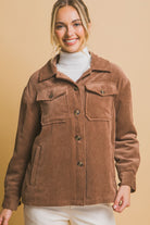 Love Tree Cocoa Corduroy Button Up Jacket with Sherpa Inside Cocoa Trendsi