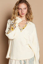 POL Cream Lace Detail Flower Printed V-Neck Knit Top Shirts & Tops