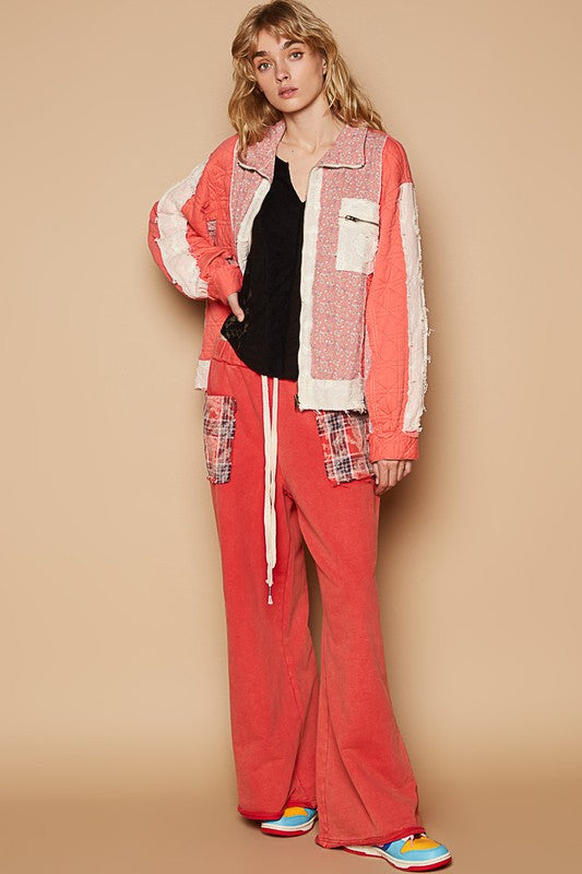 POL Coral Floral Patchwork Zip Up Long Sleeve Jacket Coats & Jackets