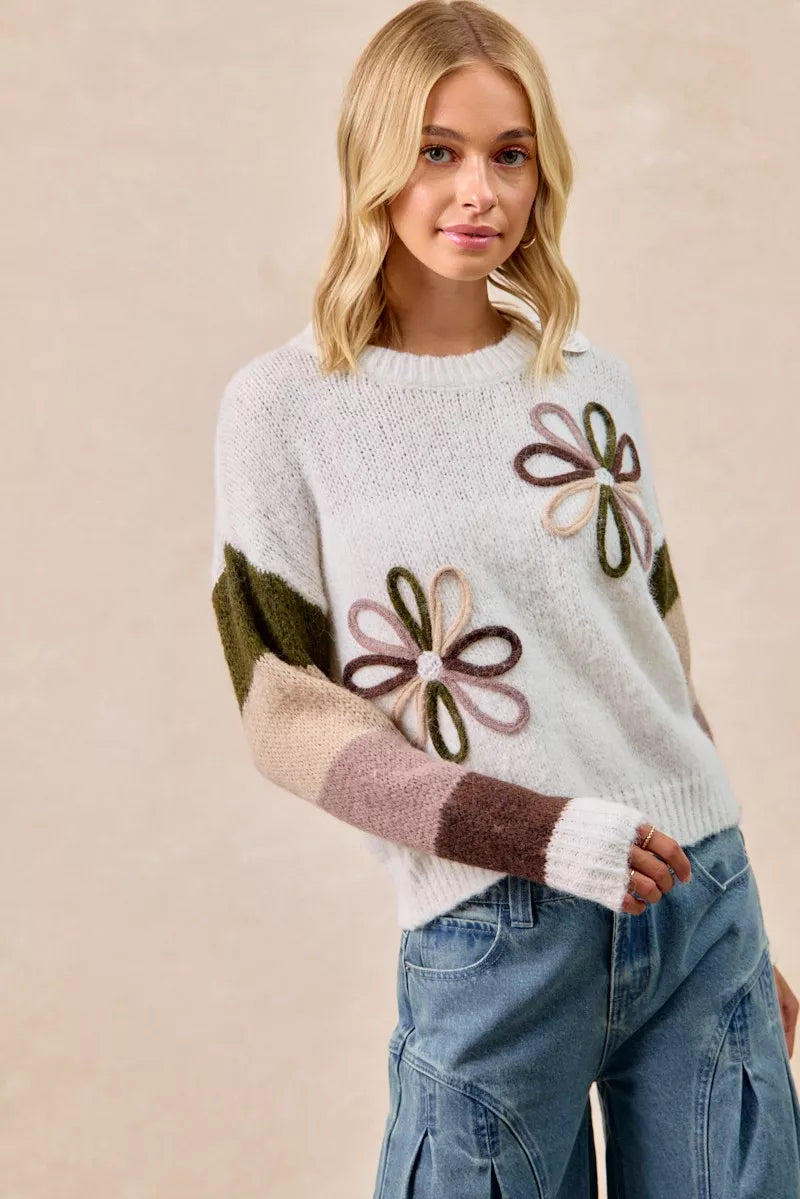 BiBi Ivory & Mocha Flower Color Block Sweater