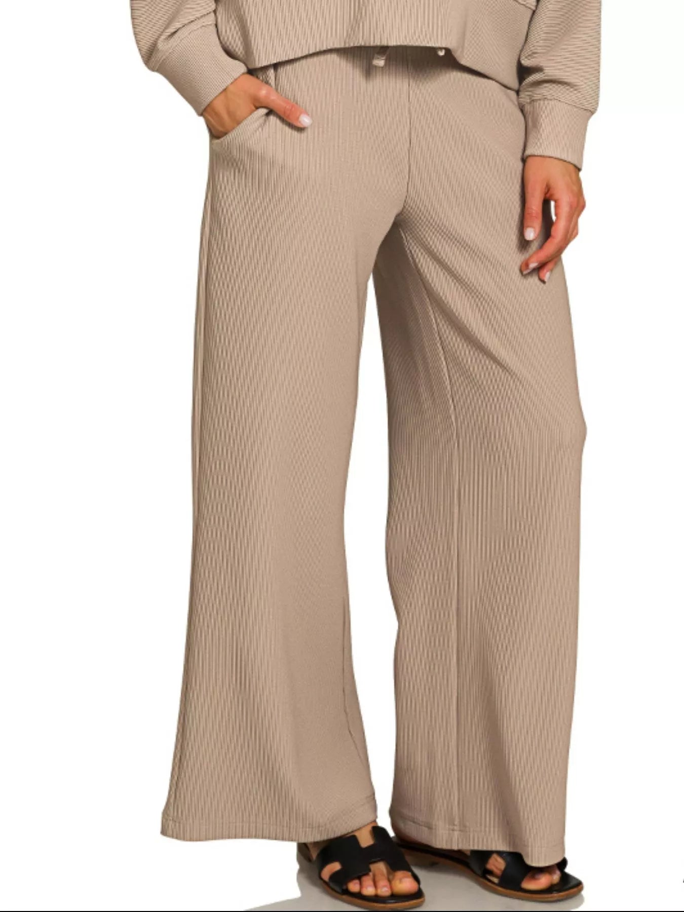 Zenana Ash Mocha Ribbed Round Neck Pullover and Drawstring Pants Set