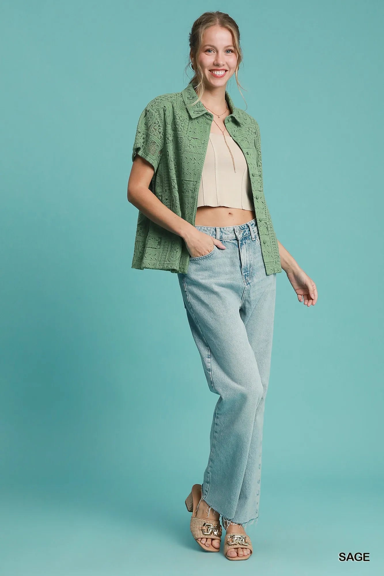 Umgee Sage Patch Lace Short Sleeve Button Down Shirt