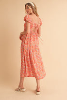 Aemi + Co Coral Cutout Back Floral Square Neck Puff Sleeve Midi Dress