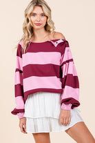 Mittoshop Striped Snap Shoulder Long Sleeve Top Pink Wine