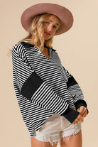 BiBi Striped Contrast Long Sleeve Knit Top Trendsi