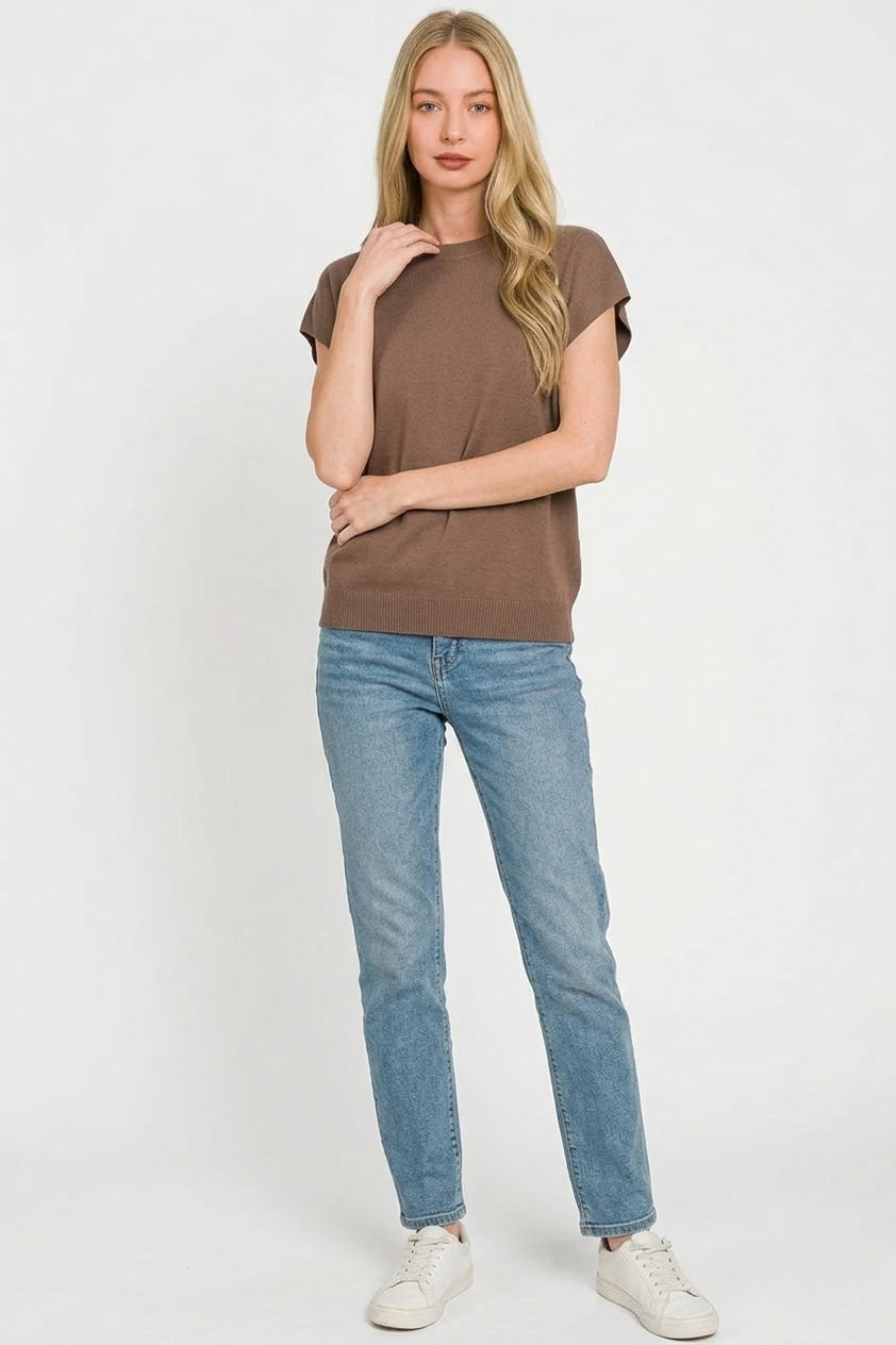 Zenana Brown Viscose Round-neck Short Sleeve Sweater