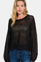 Zenana Black Hollow Out Long Sleeve Knit Cover Up Shirts & Tops