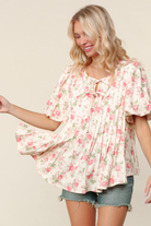 Haptics Pleated Ribbon Floral Bubble Short Sleeve Top