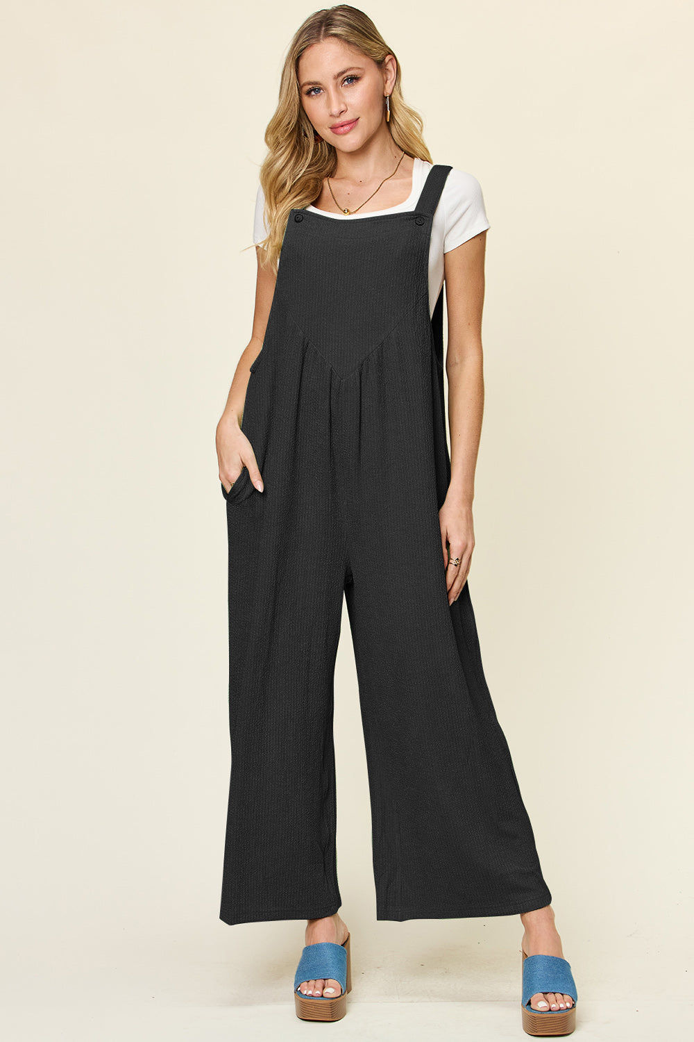 Preorder: Double Take Textured Sleeveless Wide Leg Overalls Black Trendsi