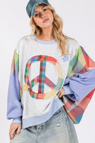 SAGE + FIG Blue Purple Contrast Peace Patch Dropped Shoulder Sweatshirt