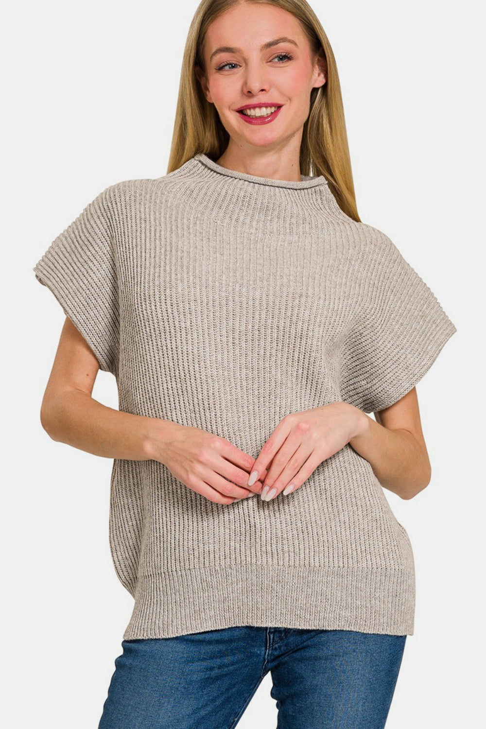 Zenana Short Sleeve Mock Neck Sweater H Mocha