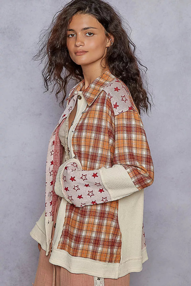POL Cream Plaid and Star Contrast Button Down Shacket