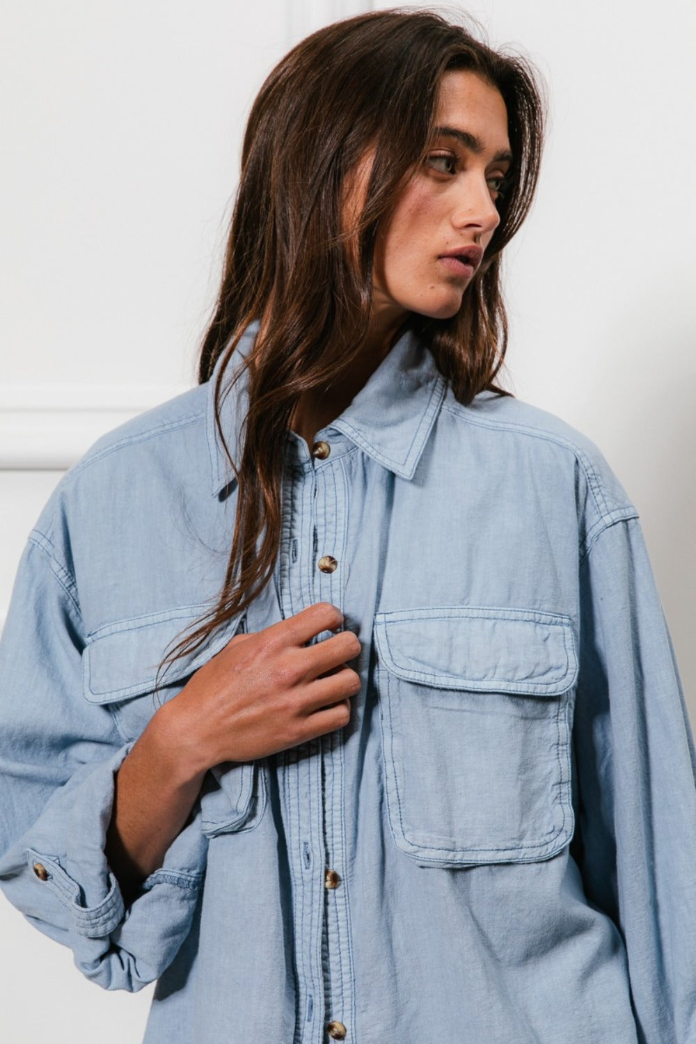 BiBi Denim Blue Button Down Stitch Detail Shirt with Chest Pockets Trendsi