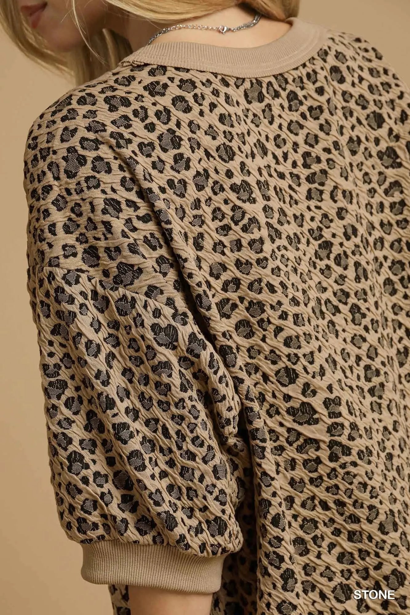 Umgee Stone Leopard Knit Jacquard Puff Sleeve Sweatshirt