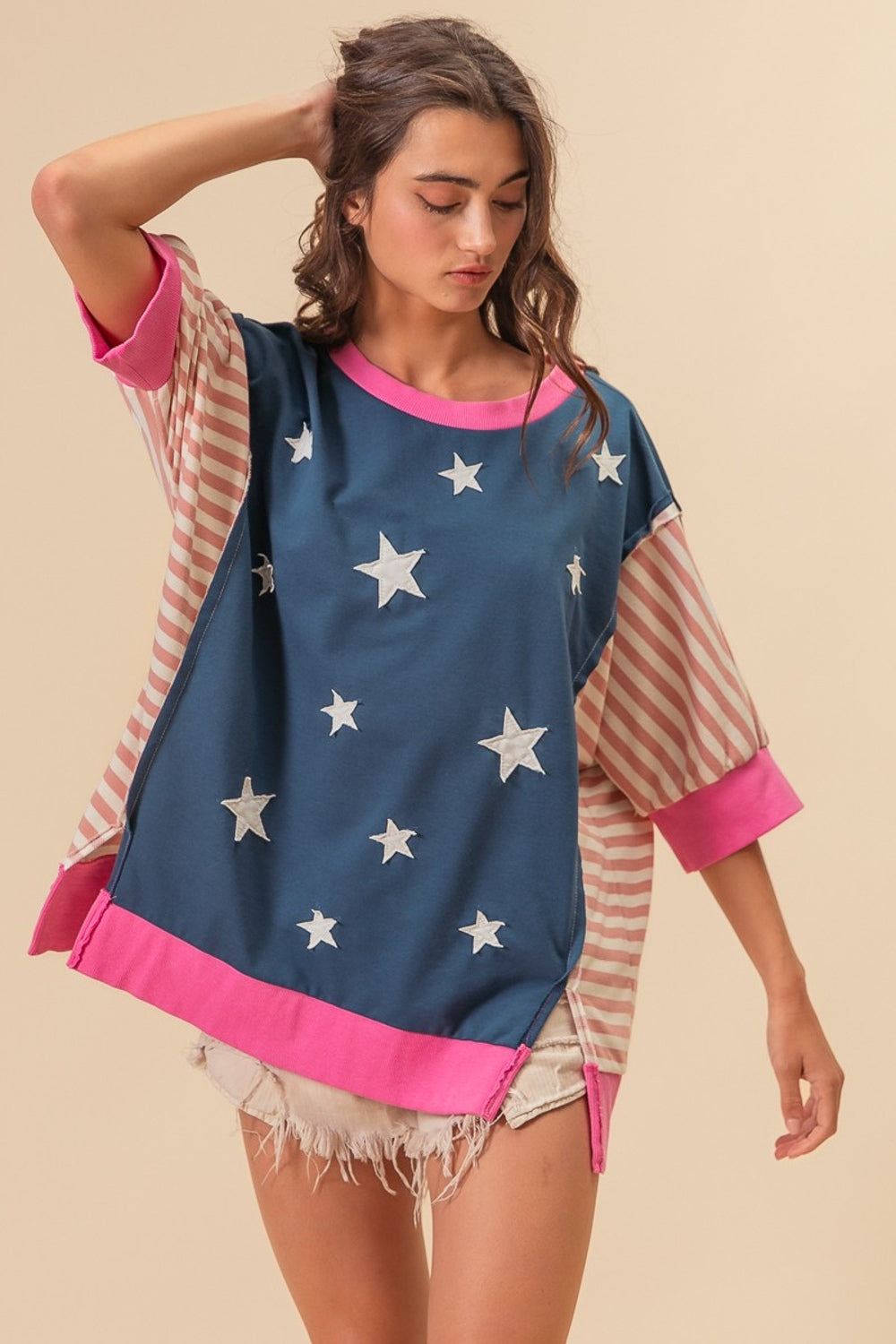 BiBi Navy US Flag Theme Color Block Star Patch T-Shirt Trendsi
