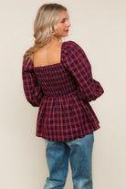 Haptics Red & Blue Smocking V-Neck Babydoll Plaid Woven Top