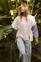 BiBi Pink Exposed Seam Slit Striped Round Neck T-Shirt