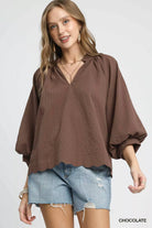 Umgee Chocolate Textured Notched Scallop Hem Balloon Sleeve Blouse Chocolate