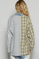 POL Raw Edge Plaid & Striped Open Front Shacket