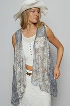 POL Lace Patchwork Floral Open Front Sleeveless Cardigan in Gray