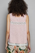 POL Blush Pink Lace Trim Ruffle Hem Button Detail Round Neck Sleeveless Top