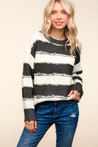 Haptics Charcoal/Ivory Striped Contrast Distressed Sweater Charcoal Ivory Trendsi