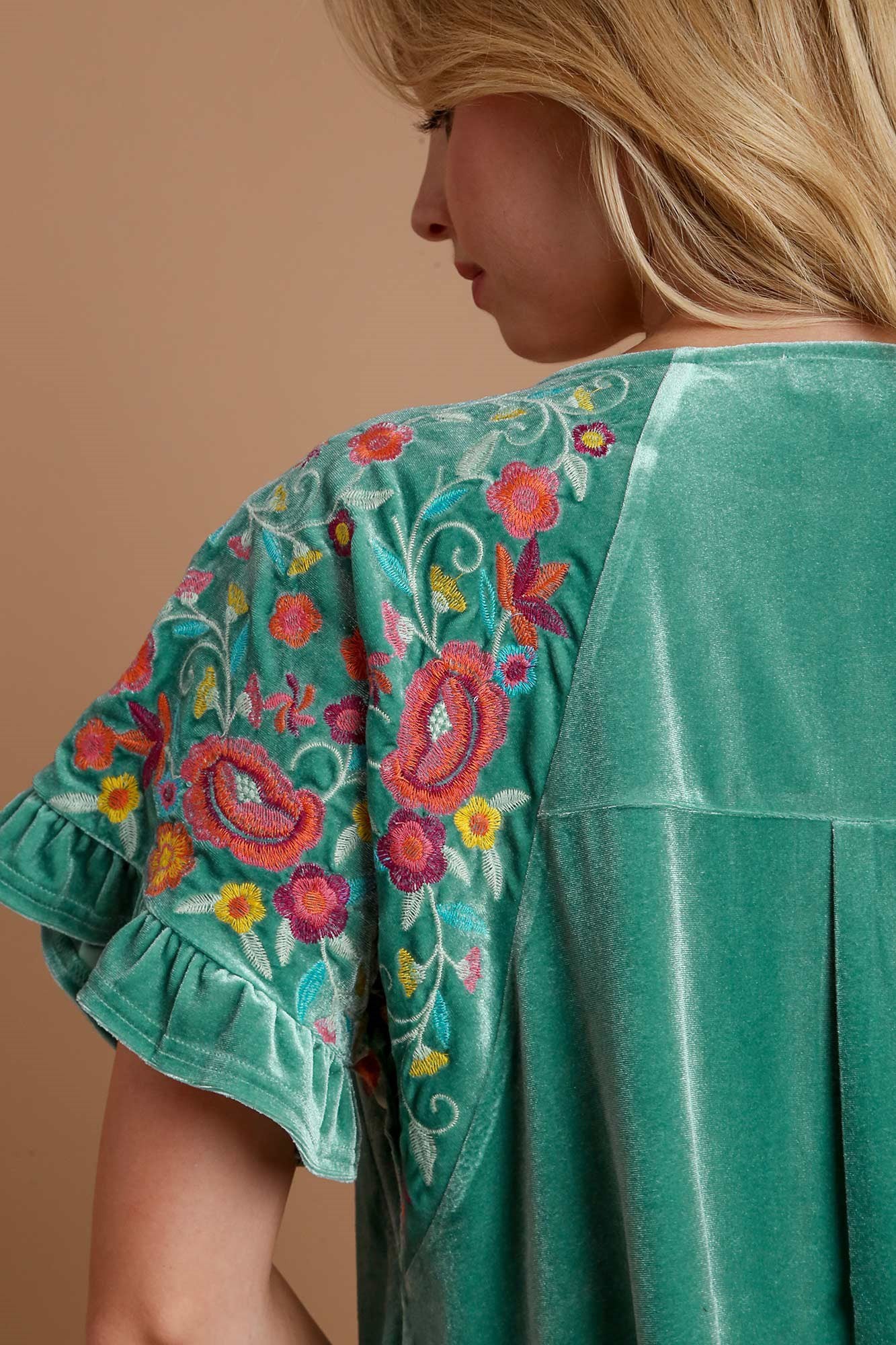 Umgee Turquoise Velvet Embroidery Short Sleeve Blouse Shirts & Tops