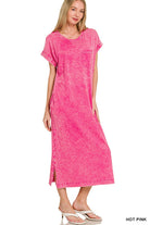 Zenana Hot Pink Acid Washed Exposed Seam Short Sleeve T-Shirt Dress