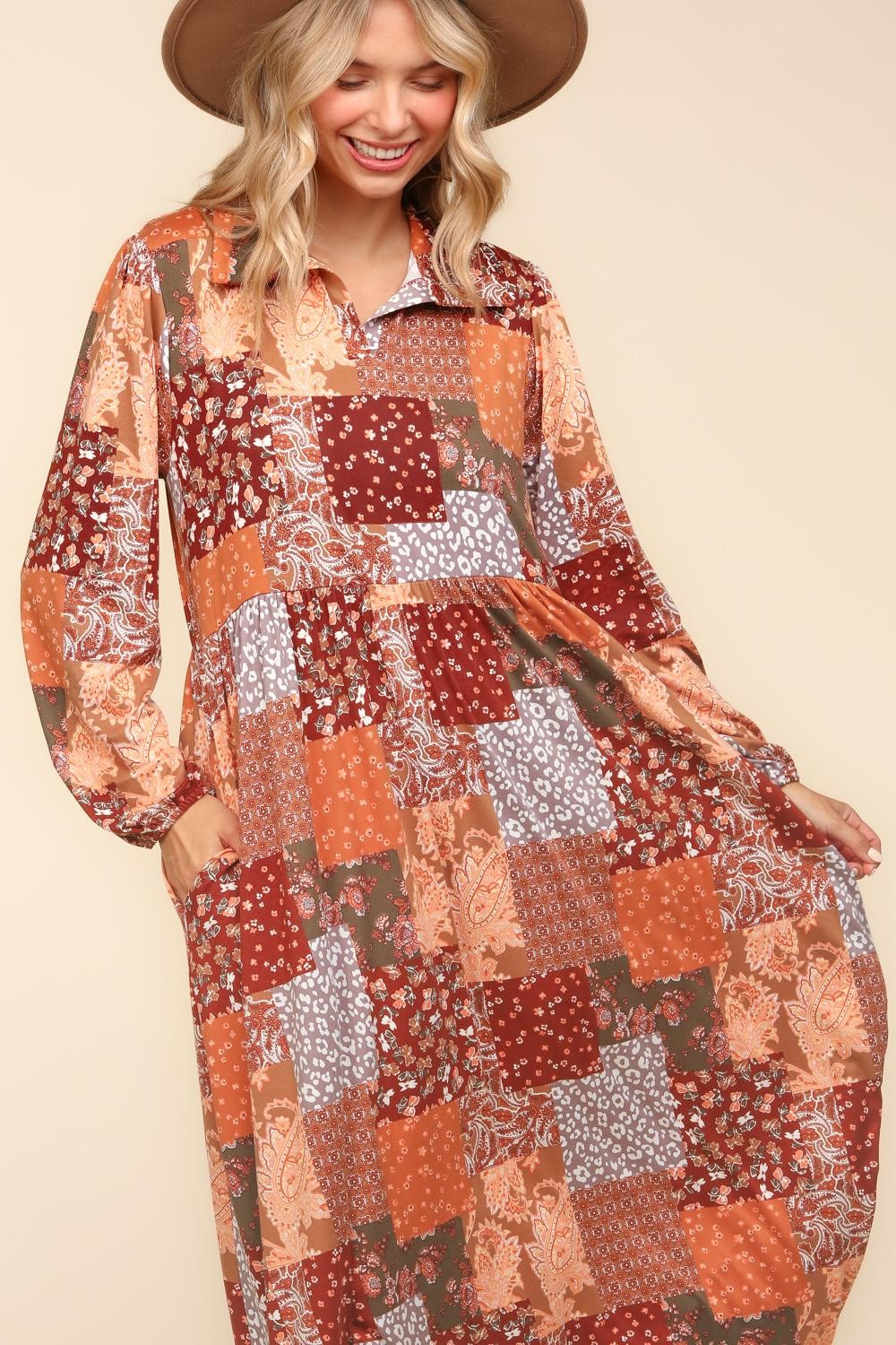 Haptics Patchwork Dreams Long Sleeve Midi Dress