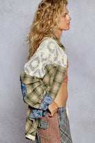 POL Olive & Blue Lace Patchwork Plaid Oversized Balloon Sleeve Shirt