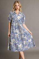 Umgee Royal Blue Printed Smocked Cuff Puff Sleeve Midi Dress Royal Blue