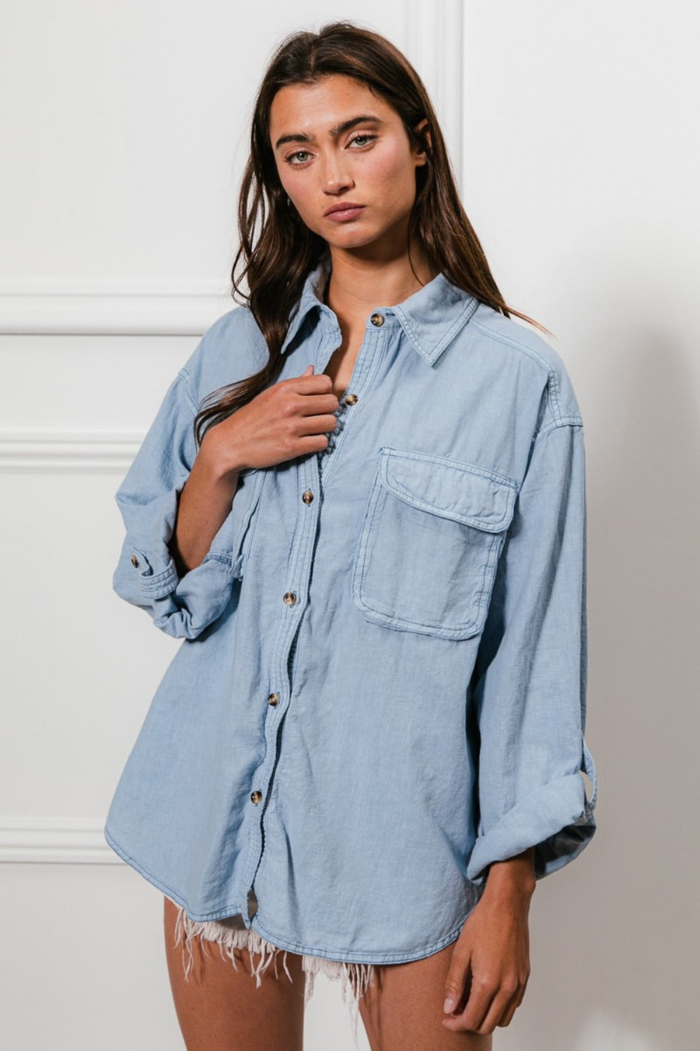 BiBi Denim Blue Button Down Stitch Detail Shirt with Chest Pockets Denim Trendsi