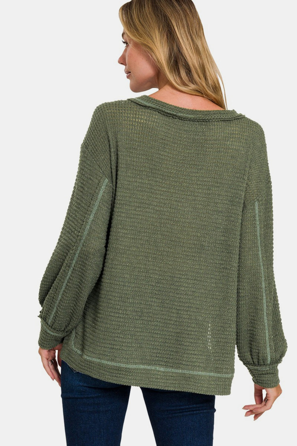 Zenana Dk Olive Exposed Seam Side Slit Long Sleeve Top Trendsi