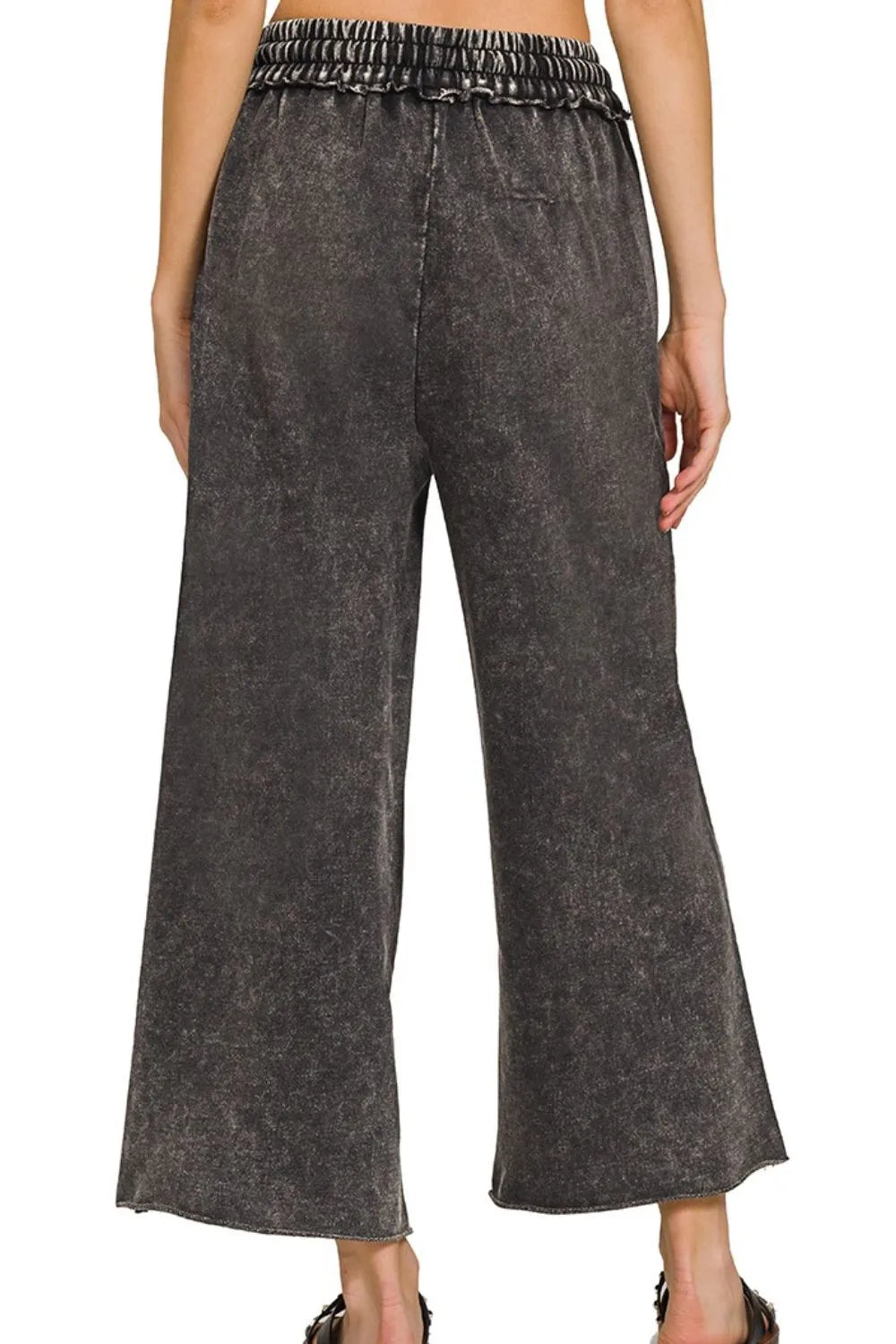 Zenana Ash Black Washed French Terry Palazzo With Pockets