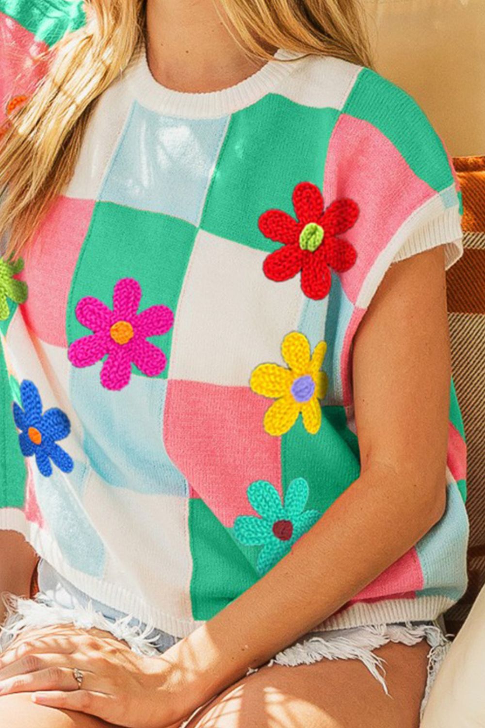 BiBi Jade Flower Patch Checkered Sweater Vest Trendsi