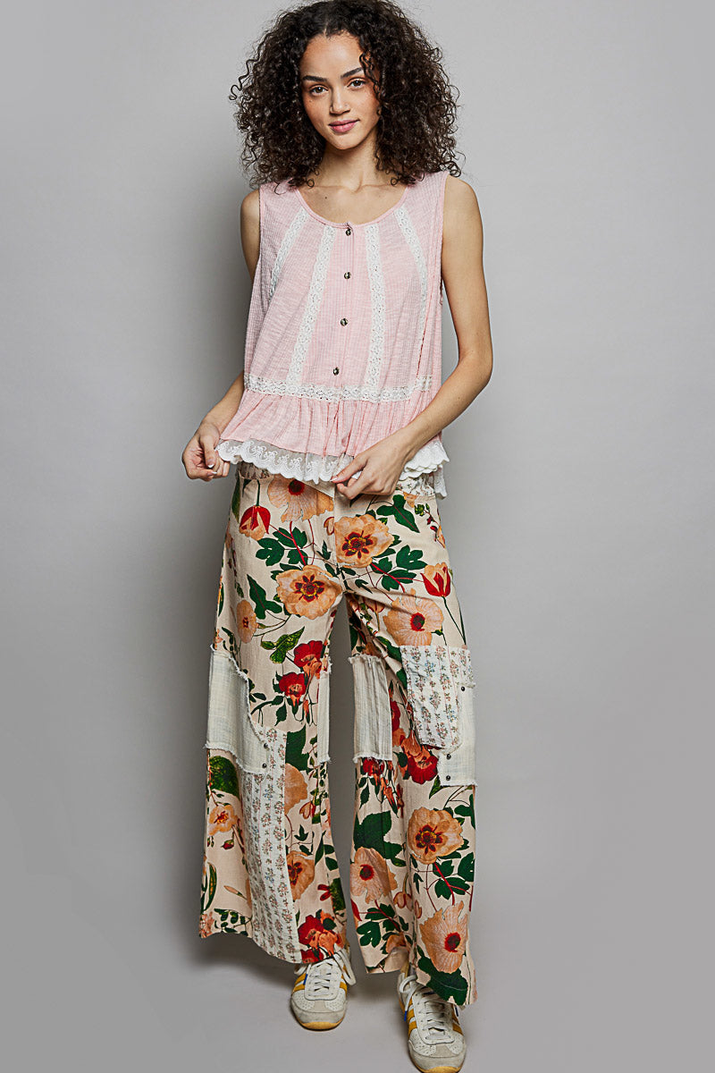 POL Blush Pink Lace Trim Ruffle Hem Button Detail Round Neck Sleeveless Top