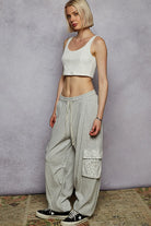 POL Heather Gray Contrast Lace Overlay Pocket Patch Thermal Knit Joggers