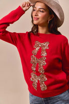 SO ME Red & Gold Sequins Bow Ribbon Embellished Christmas Sweater