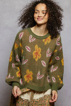 POL Olive Floral Pattern Round Neck Balloon Sleeve Sweater