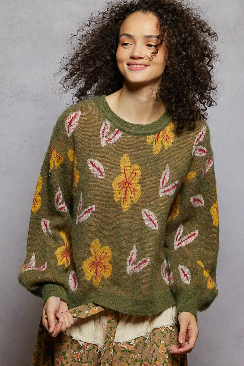 POL Olive Floral Pattern Round Neck Balloon Sleeve Sweater