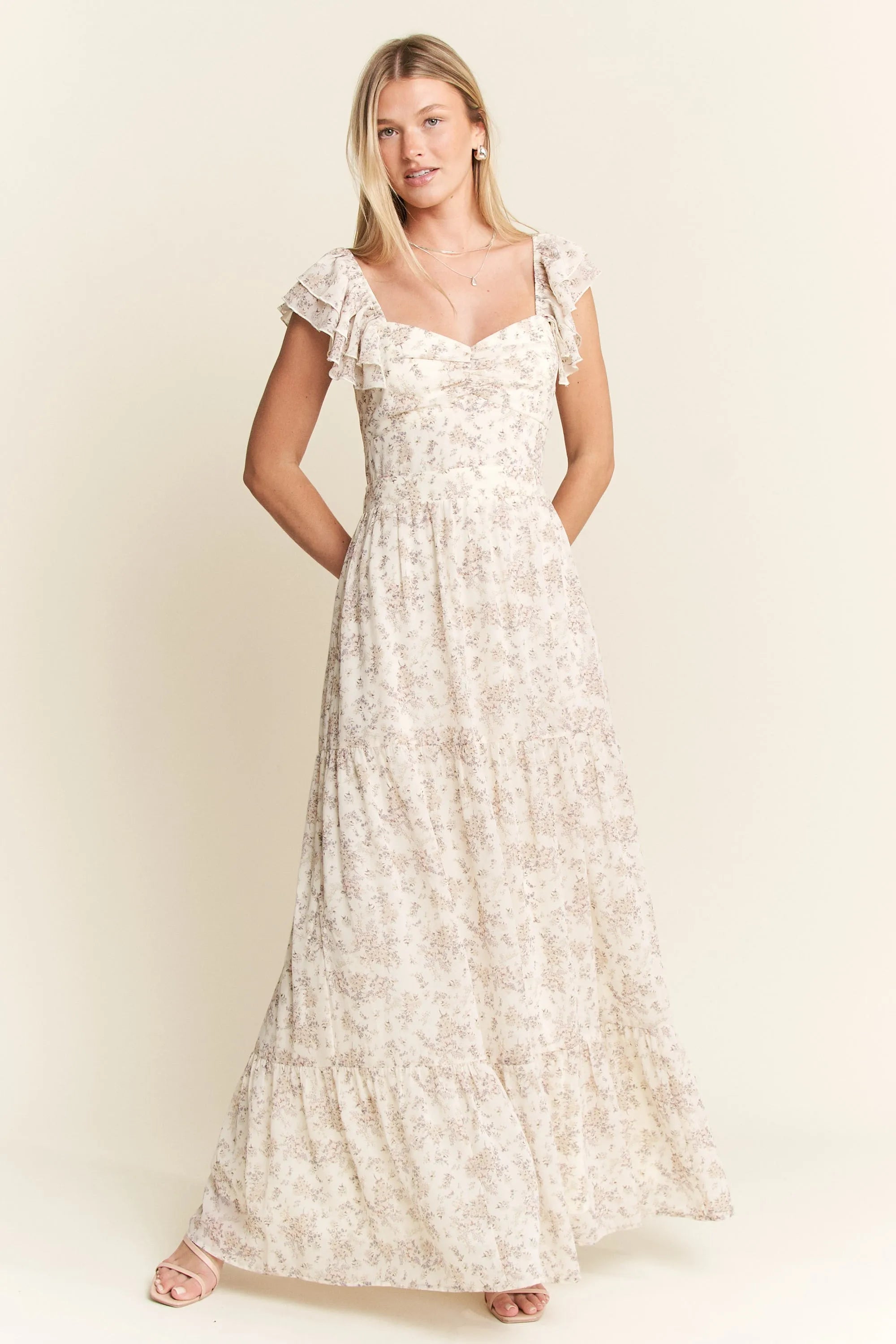 Jade By Jane Ruffle Sleeve Tiered Maxi Dress IVORY