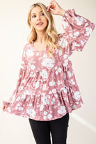 Celeste Mauve Tiered Floral V-Neck Long Sleeve Blouse