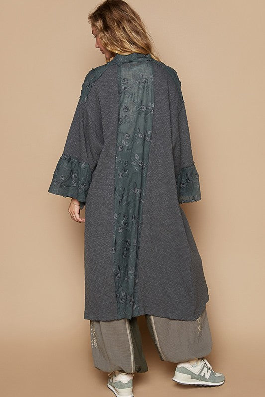 POL Flower Lace Trim Open Front Longline Cardigan in Charcoal Cardigan