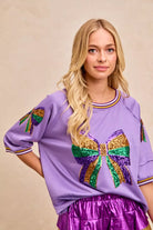 BiBi Lavender Mardi Gras Theme Ribbon Sequin Patched Top