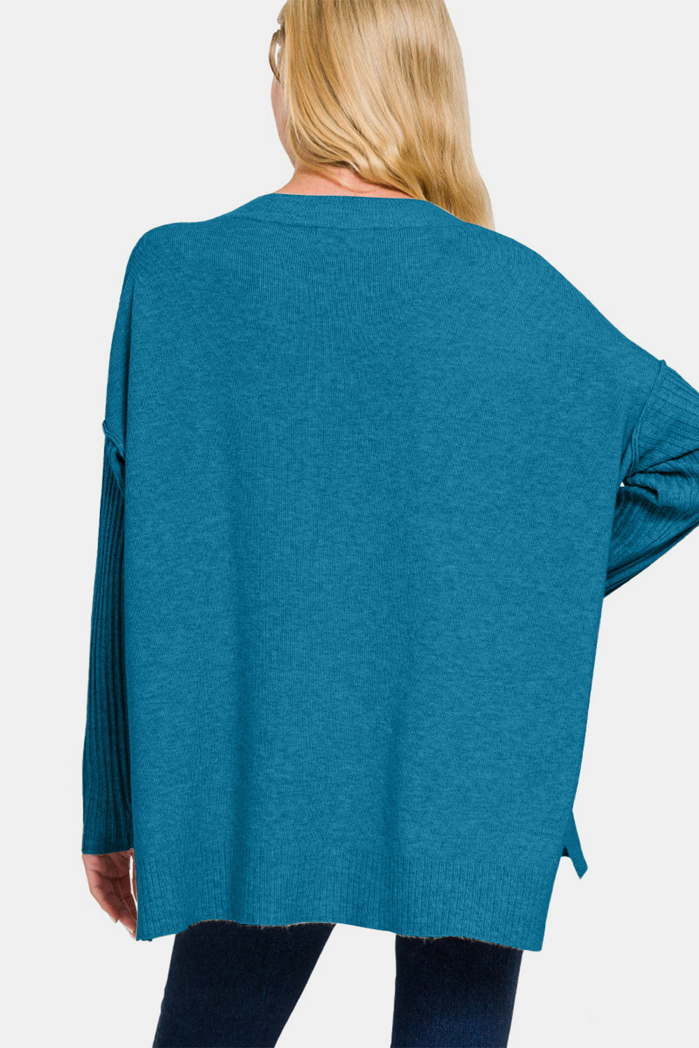 Zenana Heather Ocean Teal Viscose Hem & Sleeve V-Neck Side Slit High-Low Sweater Trendsi