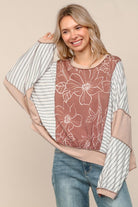 Haptics Mocha/Oatmeal Oversized Striped and in Floral Long Sleeve Dolman Top
